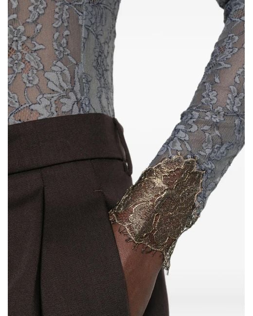 Valentino Garavani Gray Lace-Detail Long-Sleeve Bodysuit