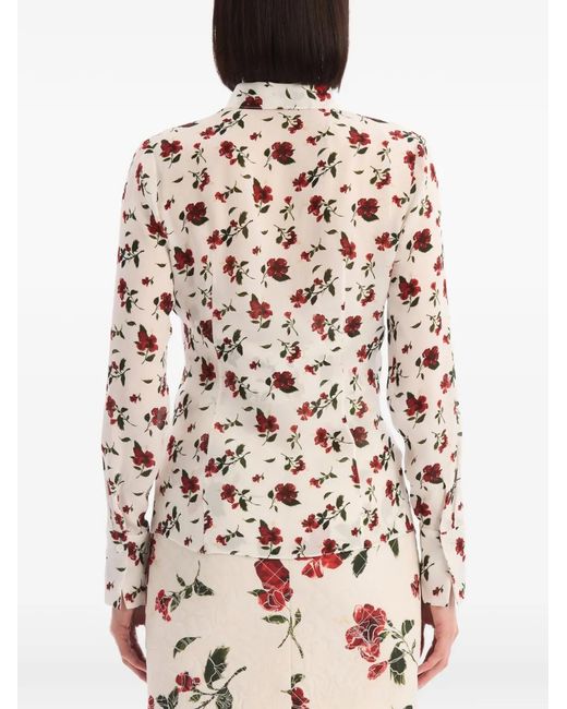 Oscar de la Renta White Hibiscus Silk Chiffon Blouse