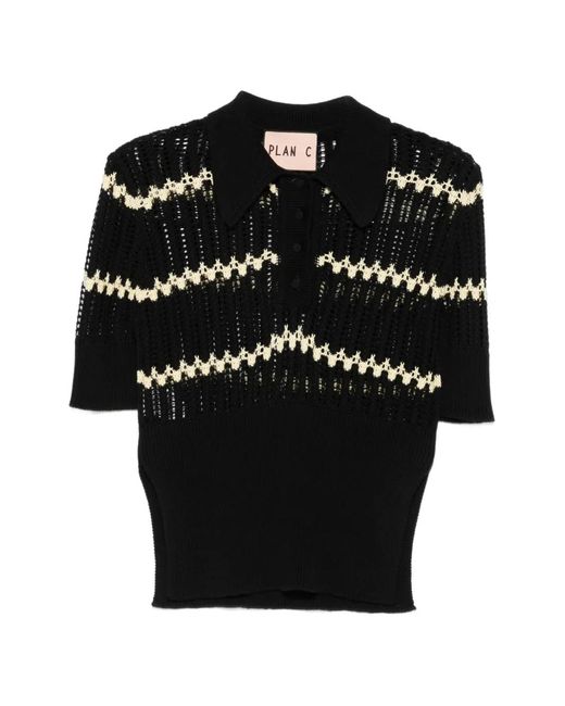 Plan C Black Zigzag-Knit Polo Shirt