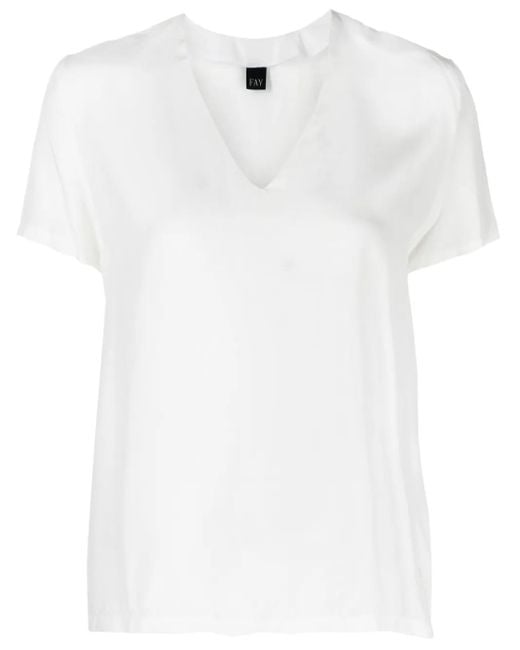Fay White V-Neck Embroidered-Logo T-Shirt