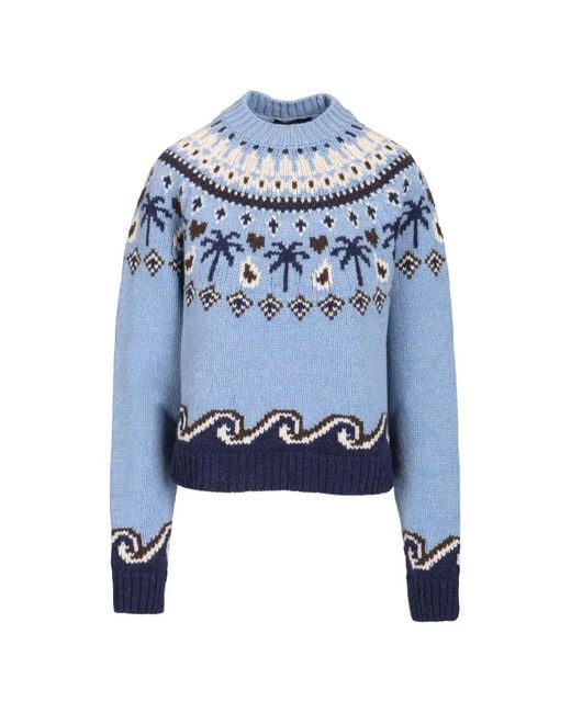 Alanui Blue Fair Isle Palm-Tree Sweater