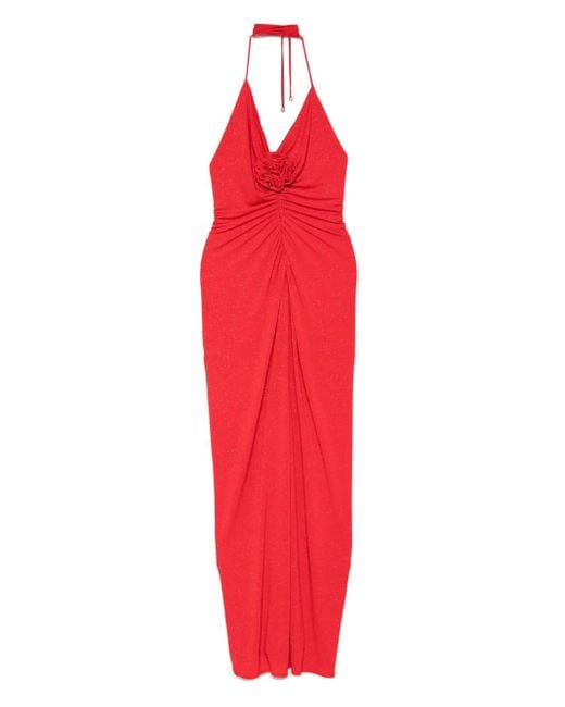 ROSERRY Red Halterneck Rose-Embellished Maxi Dress