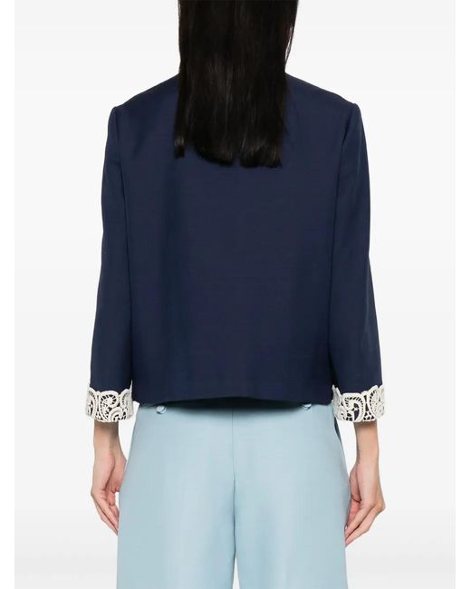 Valentino Garavani Blue Lace-Trimmed Button-Detail Jacket