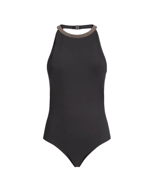 Brunello Cucinelli Blue Monili-Embellished Halterneck Swimsuit