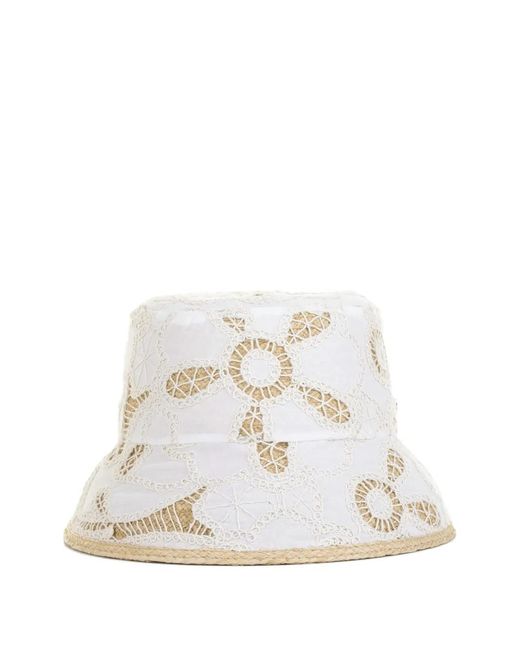 Helen Kaminski White Floral-Embroidered Raffia Bucket Hat