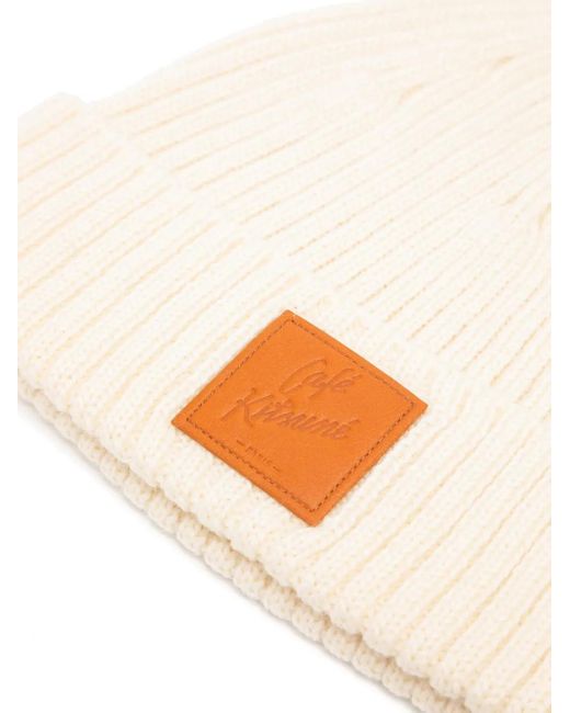 Café Kitsuné White Logo-Patch Ribbed Knit Beanie for men