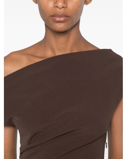P.A.R.O.S.H. Brown One-Shoulder Draped Maxi Dress
