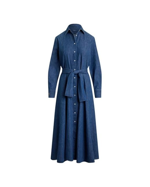 Polo Ralph Lauren Blue Tie-Belt Midi Shirt Dress