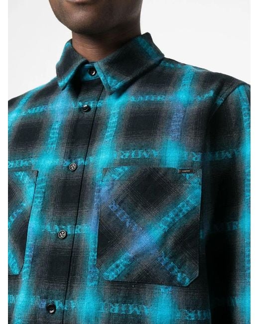 Amiri Blue Plaid Logo-Print Shirt for men