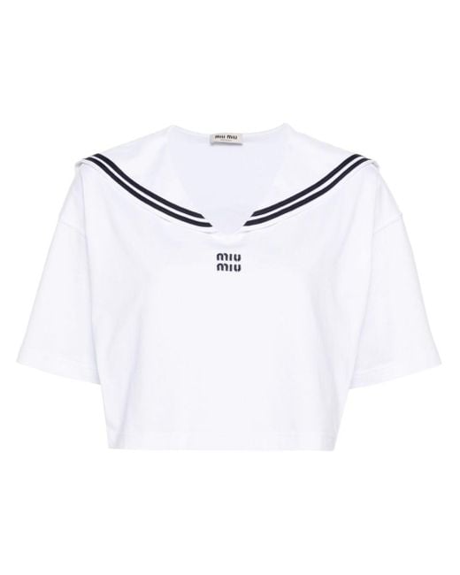 T-shirt en coton à col marin Miu Miu en coloris White