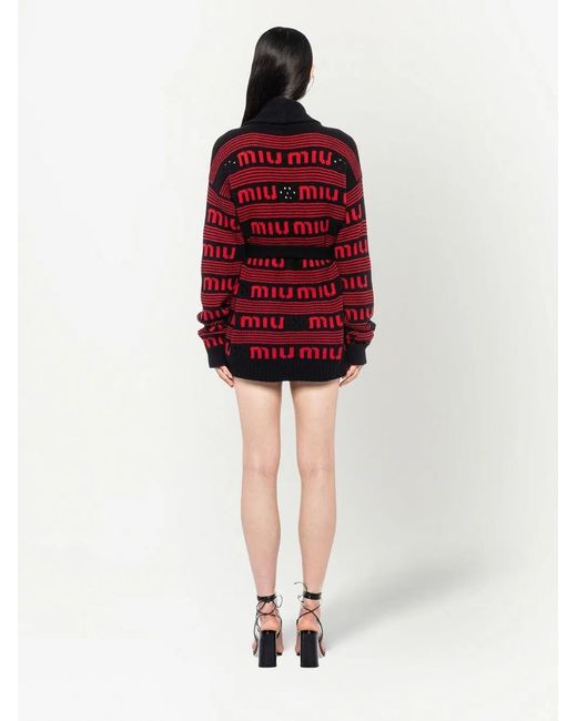 Miu Miu Red Intarsia Logo-Knit Cashmere Cardigan