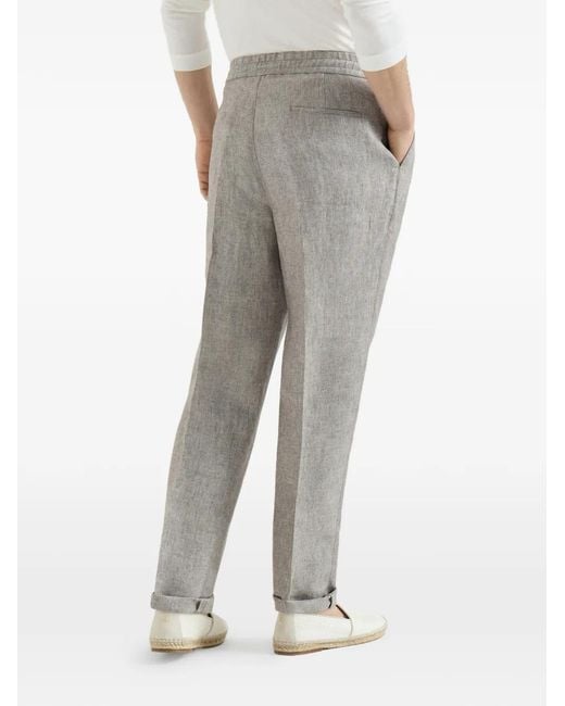 Brunello Cucinelli Gray Linen And Hemp Diagonal Trousers With Drawstring And Double Pleats for men