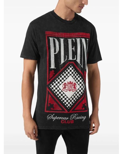Philipp Plein Black Jersey T-Shirt Round Neck Ss Stones Racing Club for men