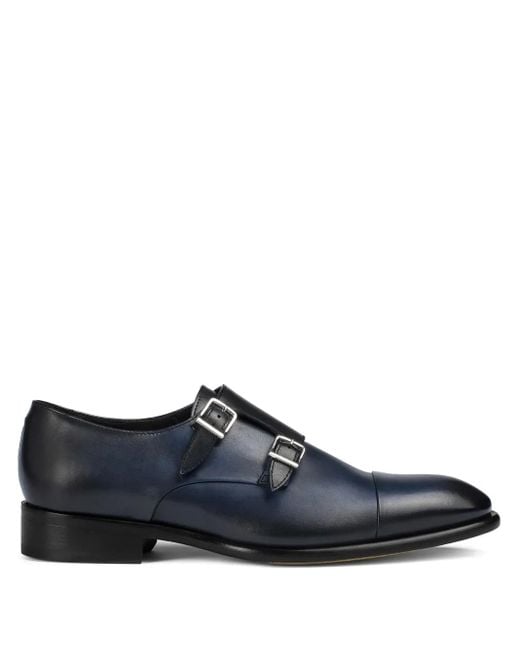 Doucal's Blue Leather Double-Buckle Monk Shoes for men