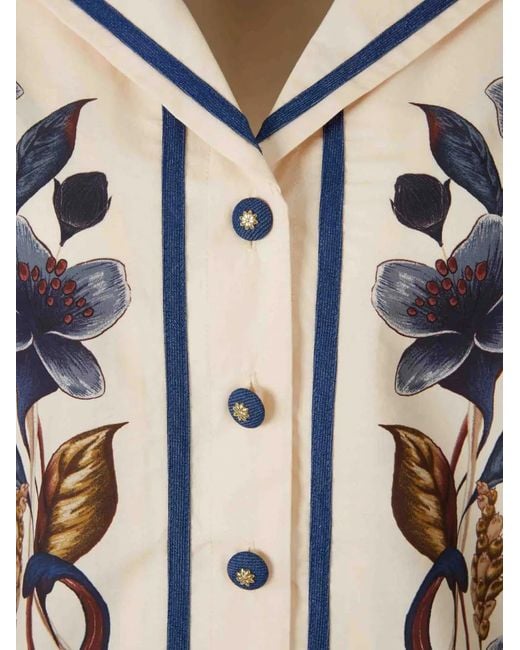 Farm Rio White Floral-Print Sailor-Collar Shirt