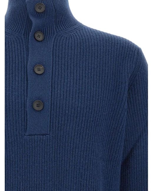 FILIPPO DE LAURENTIIS Blue Ribbed High-neck Button Sweater for men
