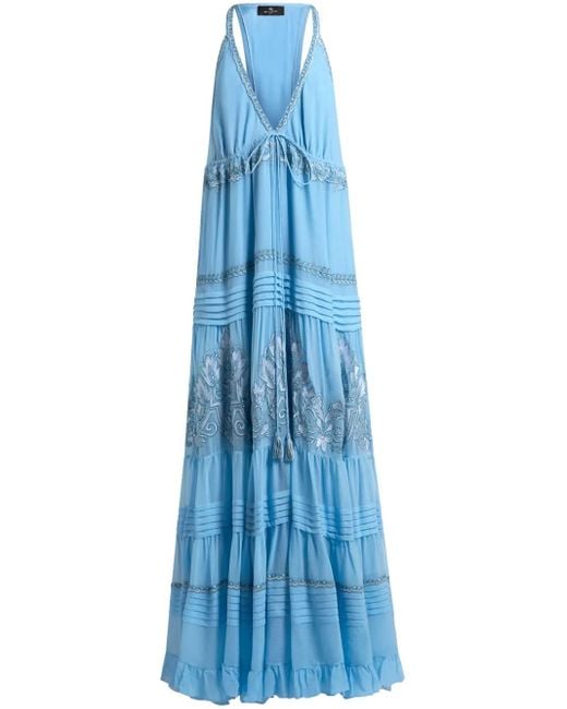 Etro Blue Floral-Embroidered Silk Dress