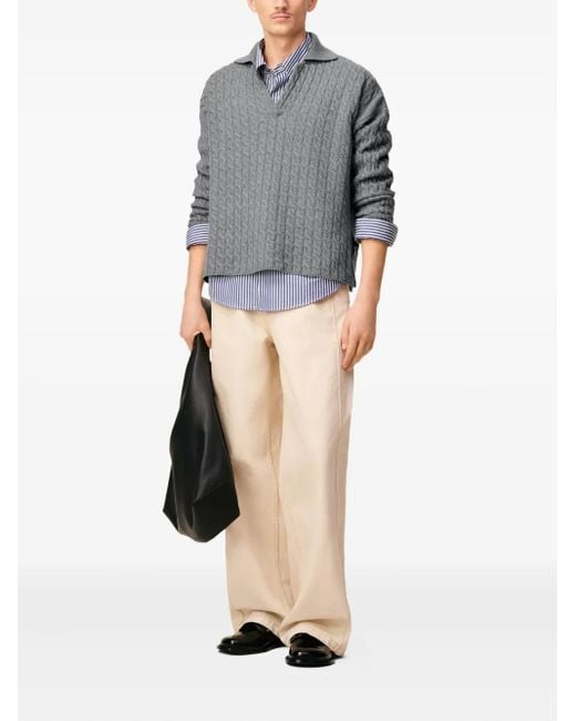 AMI Gray Cable-Knit Wool Polo Shirt