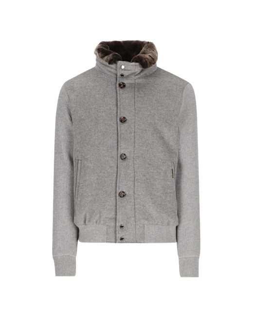 Moorer Gray Ribbed-Knit Sleeve Fur-Collar Jacket for men