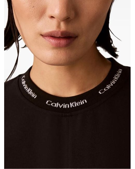 Calvin Klein Black Logo-Neckline Gathered-Waist Mini Dress