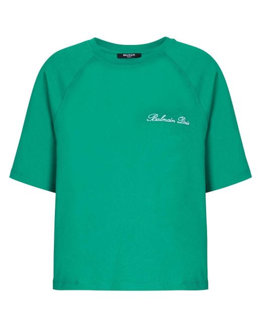 Balmain Green Cropped-T-Shirt mit Signature-Stickerei