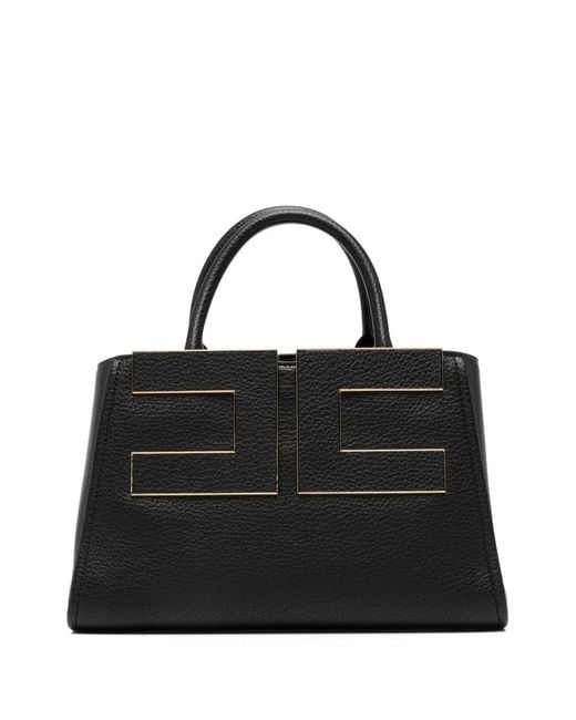 Elisabetta Franchi Black Logo-Plaque Pebbled-Effect Tote Bag