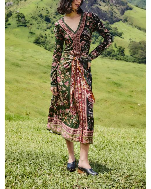 Farm Rio Green Floral Midi Skirt