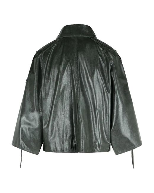 Max Mara Green Pointed-Collar Double-Breasted Leather Jacket