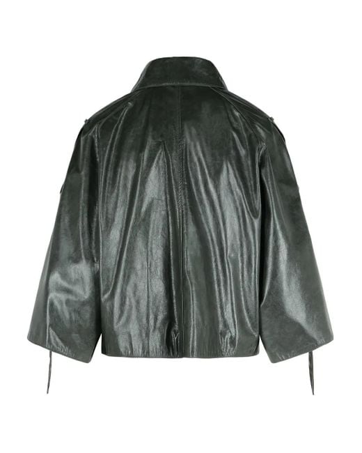 Max Mara Green Pointed-Collar Double-Breasted Leather Jacket