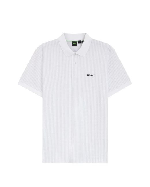 Boss White Check-Pattern Logo-Patch Polo Shirt for men