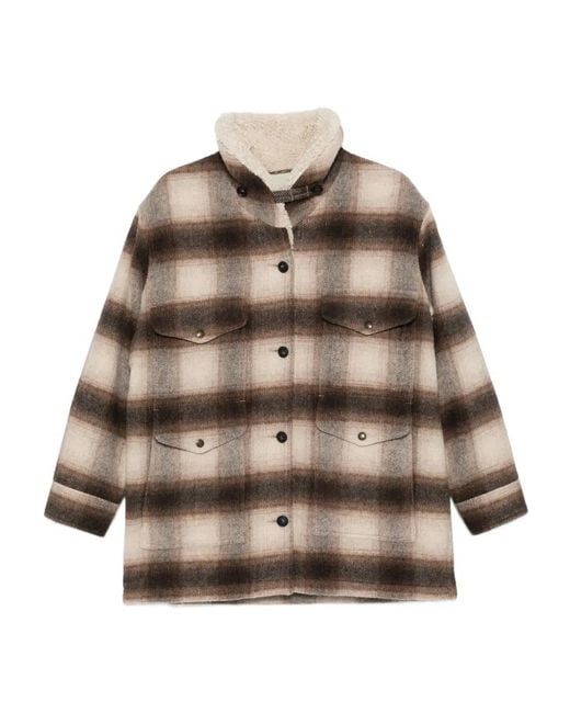 Filson Brown Kodiak Plaid Shearling-Collar Coat