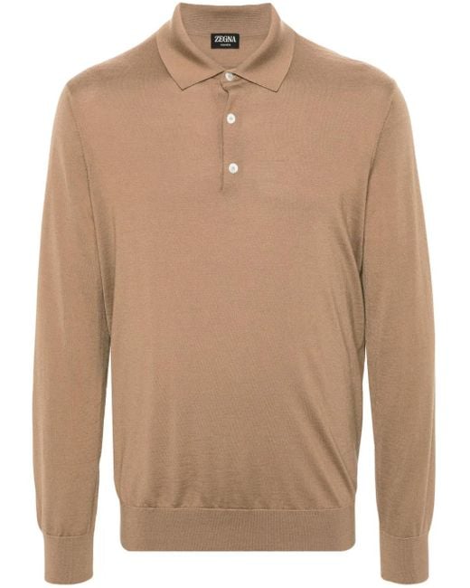 Zegna Brown Fine-Knit Polo Shirt for men