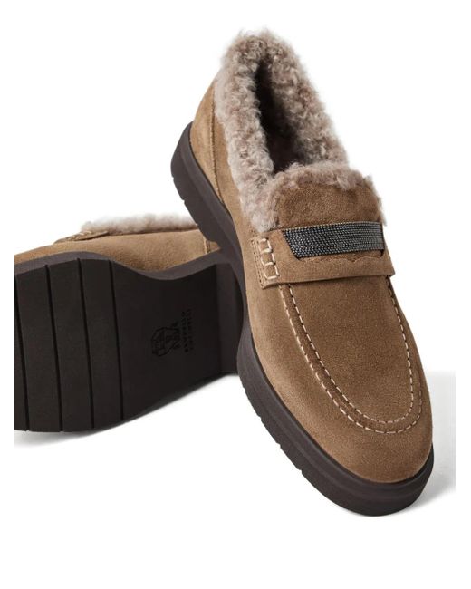 Brunello Cucinelli Brown Shearling-Trimmed Penny Loafers