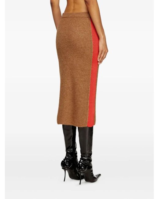 DIESEL Red Ribbed Side-Stripes Zip-Front Midi Straight Skirt