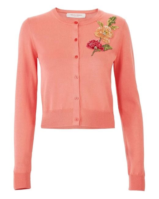 Carolina Herrera Pink Floral-Embroidered Cardigan