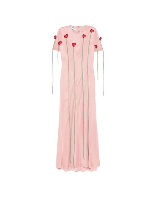 Moschino Pink Floral Appliqué Midi Dress With Short Sleeves