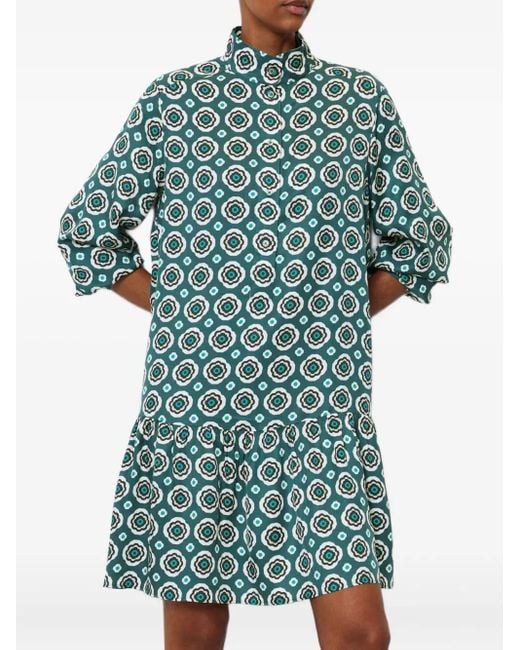 Marc O' Polo Blue Geometric-Pattern Tiered Dress