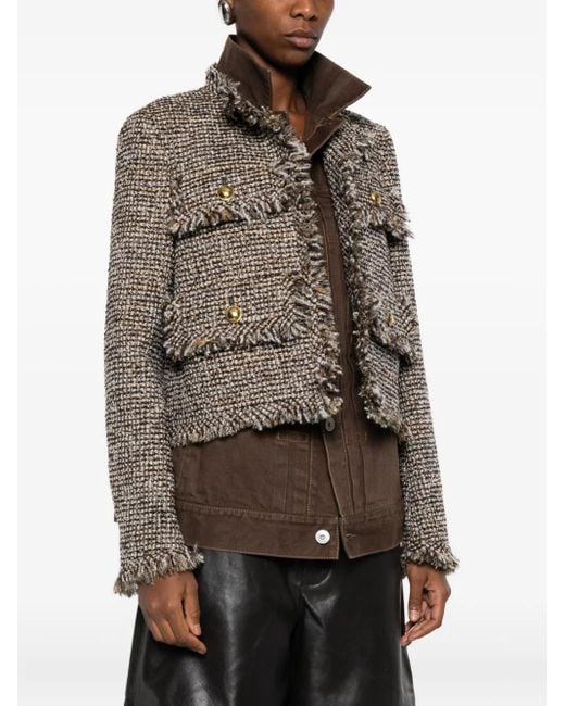 Sacai Brown Tweed-Fringed Jacket