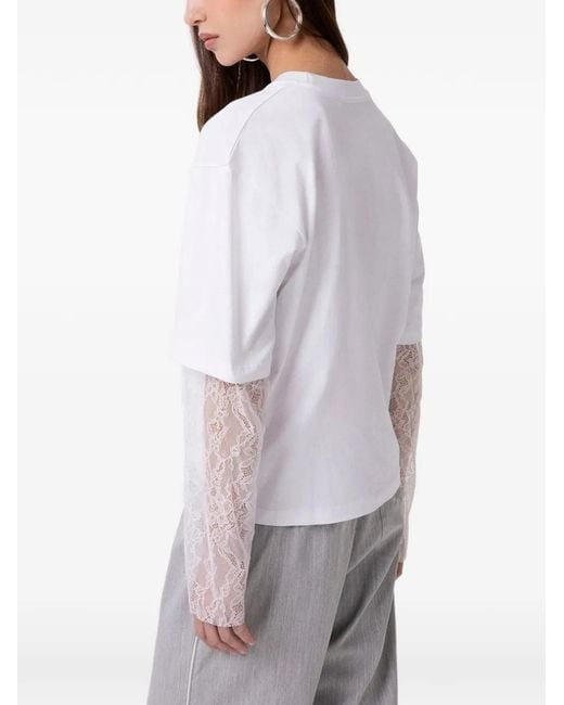 Gaelle Paris White Lace-Panelled Logo-Embroidered T-Shirt
