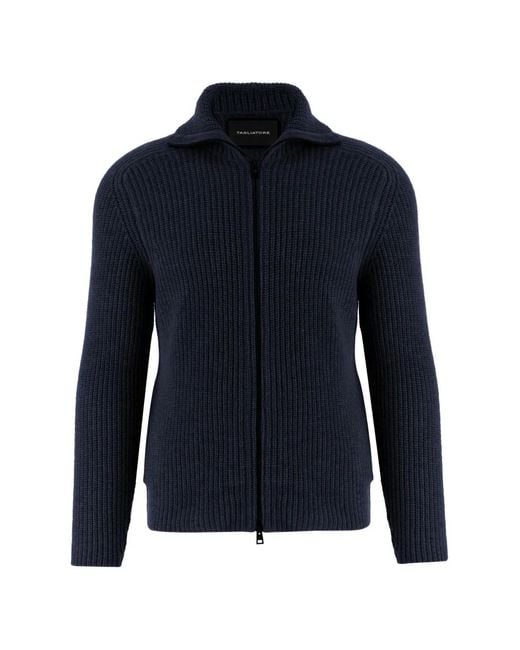 Tagliatore Blue Ribbed-Knit Zip-Up Sweater for men