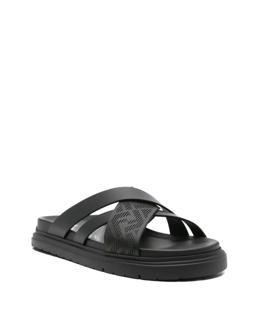 Fendi Gray Cross-Strap Leather Slides for men