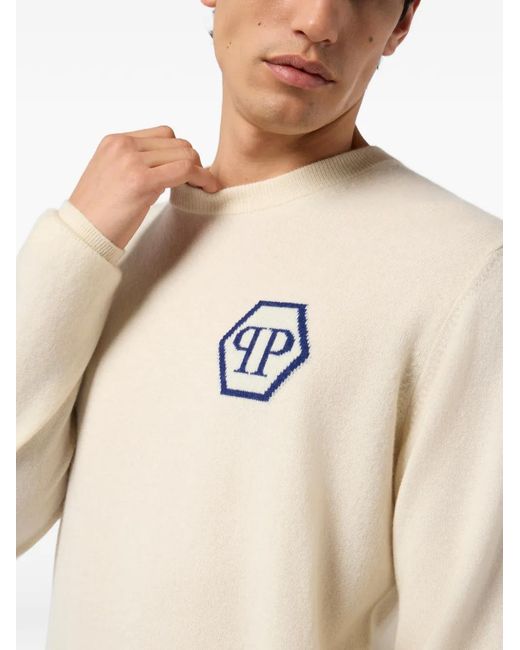 Philipp Plein White Jacquard Hexagon Cashmere Knitwear for men