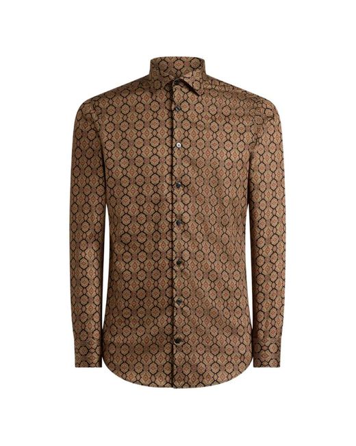 Etro Brown Cotton Satin Shirt With Medallion-Motif for men