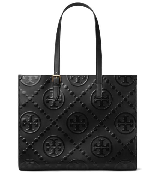 Borsa Tote Mini Con Monogramma T Goffrato di Tory Burch in Black