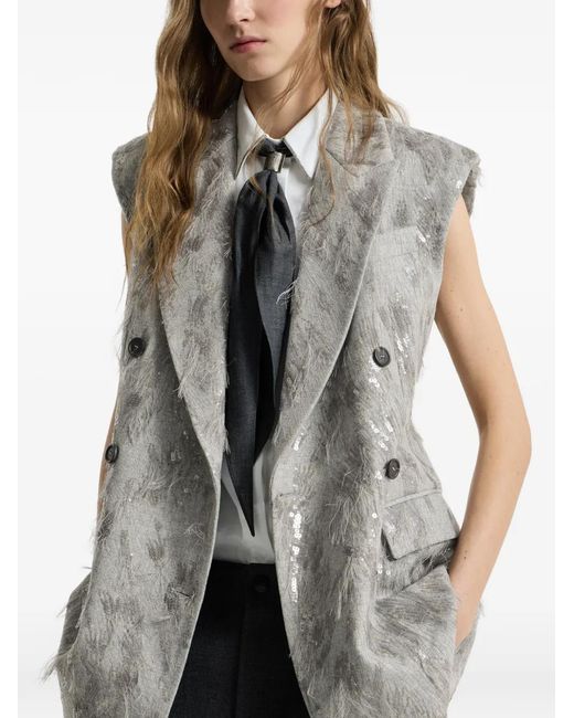 Brunello Cucinelli Gray Virgin Wool And Cashmere Twill Flannel Vest With Dazzling Lynx Embroidery