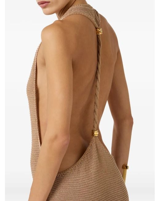 Elisabetta Franchi Natural Knit Dress With Jewel Twisted Necklace