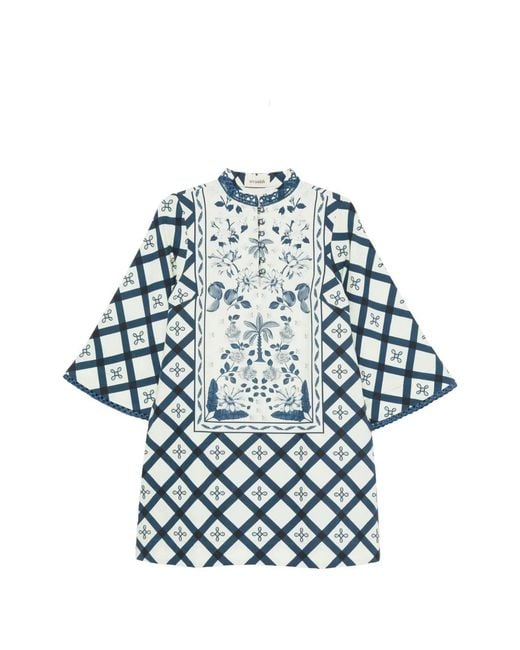 VERANDAH Blue Panelled Floral-Print Mini Dress