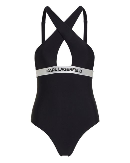 Karl Lagerfeld Black Neckholder-Badeanzug mit Logo-Bund