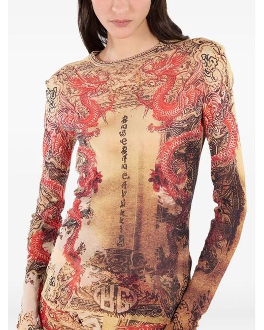 Roberto Cavalli Pink Dragon-Motif Long-Sleeve Top