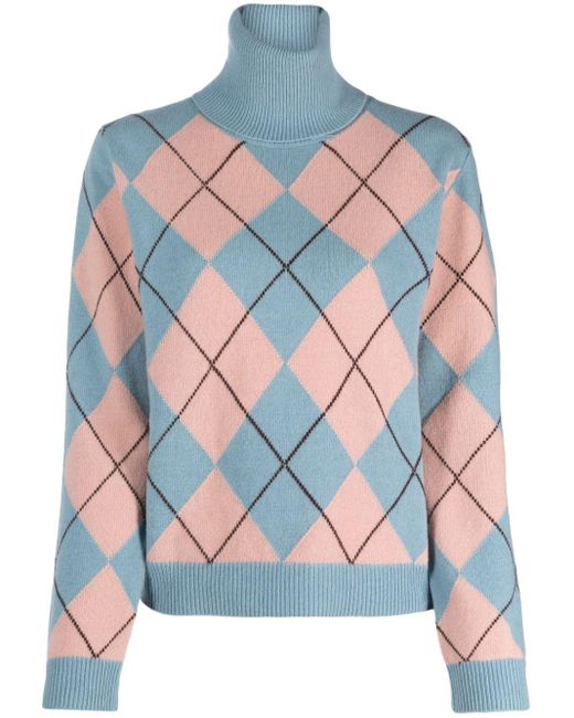 Semicouture Blue Argyle Check-pattern Roll-neck Jumper